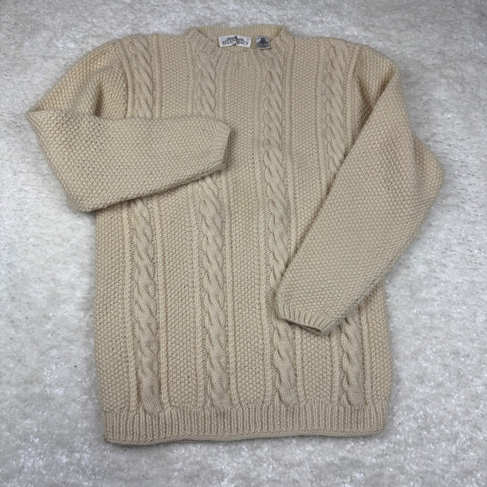 Ellen Tracy Sweater Women M Cream 100% Wool Cable Knit Hand Knit Vtg‎ Fiherman